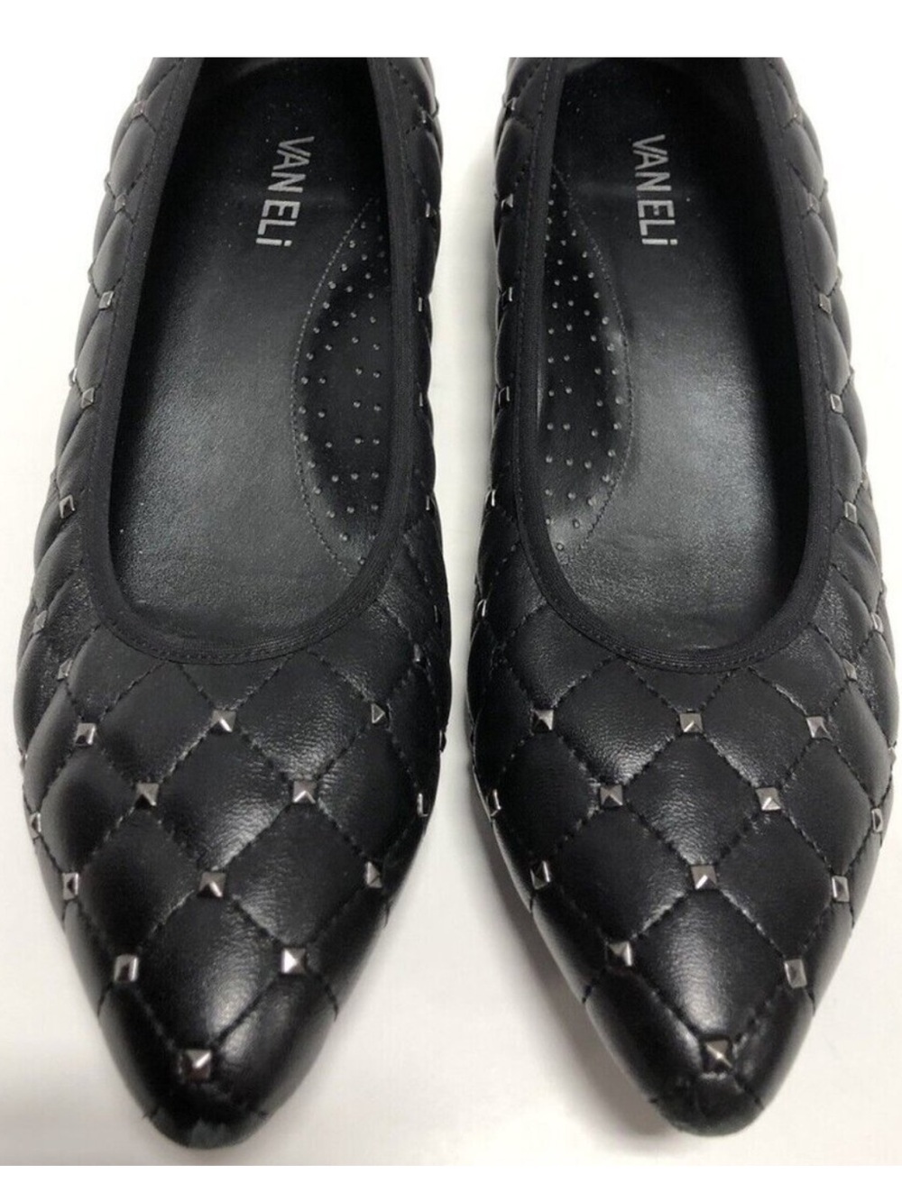Vaneli Kianni Black Quilted Nappa/Gunmetal Studs Ballet Flats - Picture 1 of 6